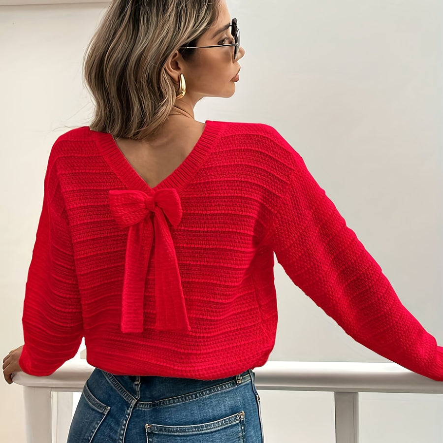 Oriana | Women's V Neck Sweater – Bow Detail Soft Knit Winter Pullover view 16