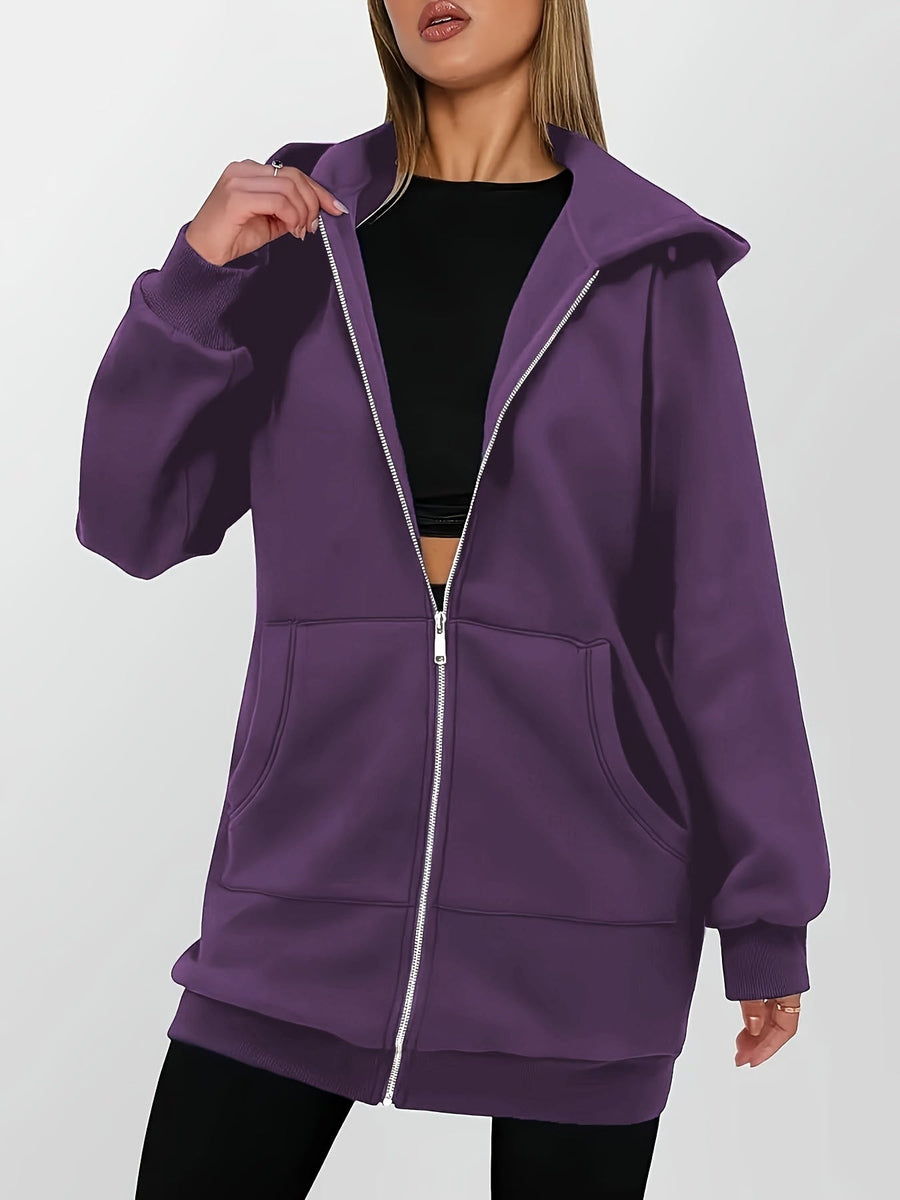 Heather | Women's Longline Zip Up Hoodie – Hooded Jacket Tunic Sweatshirt view 4