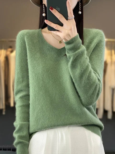 Hester | Women's Winter Sweater – Relaxed Fit V-Neck, Green view 4