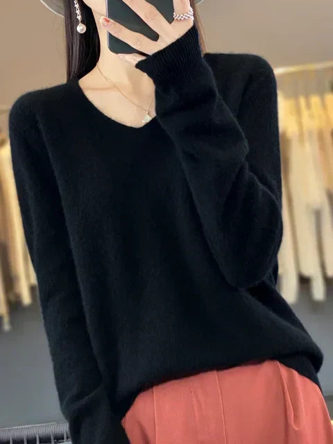 Hester | Women's Winter Sweater – Relaxed Fit V-Neck, Green view 7