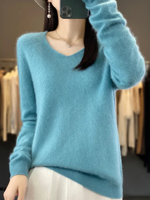 Hester | Women's Winter Sweater – Relaxed Fit V-Neck, Green view 13