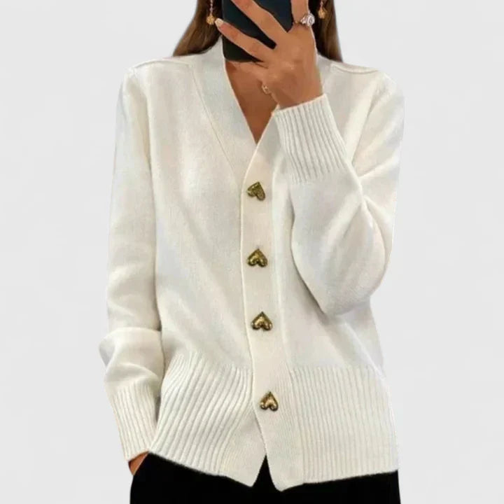 Saffron | Women's Winter Cardigan – Cashmere-Feel V-Neck Heart Button Detail view 6