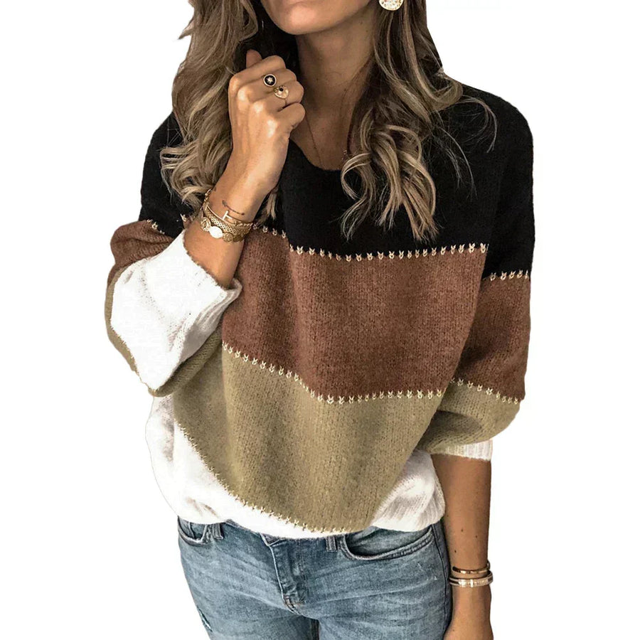 Idony | Color Block Crew Neck Sweater with Whipstitch Trim view 4