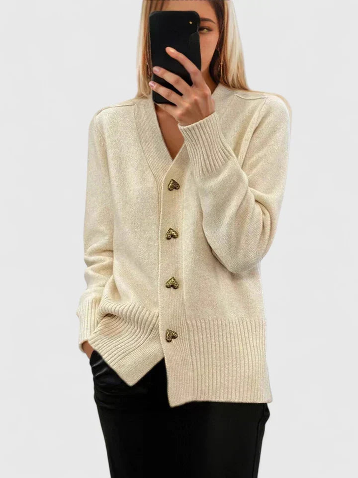 Saffron | Women's Winter Cardigan – Cashmere-Feel V-Neck Heart Button Detail view 7