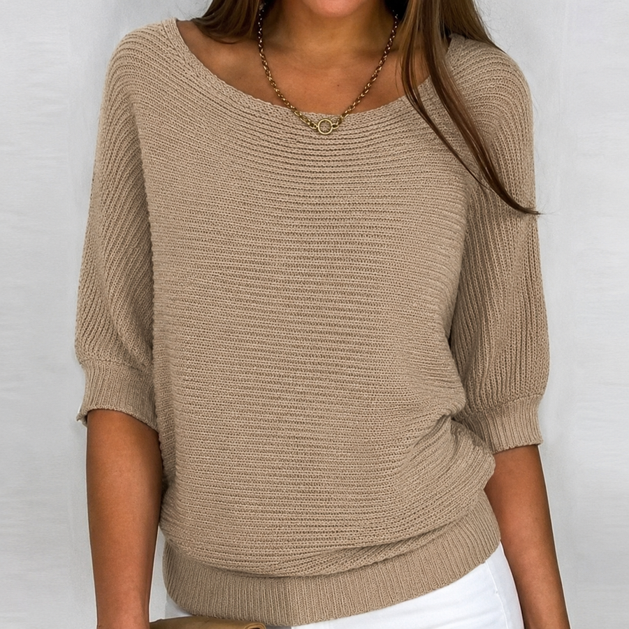 Aurora | Cotton-Blend Ribbed Knit Three-Quarter Sleeves Sweater for Women view 3