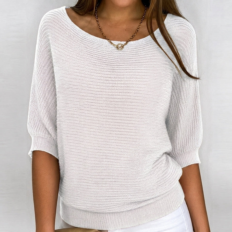 Aurora | Cotton-Blend Ribbed Knit Three-Quarter Sleeves Sweater for Women view 5