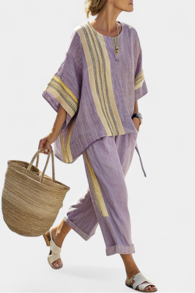 Rachel | Women's Bamboo Linen Two Piece Set | Elegant Oversized Loungewear with Striped Pants view 2