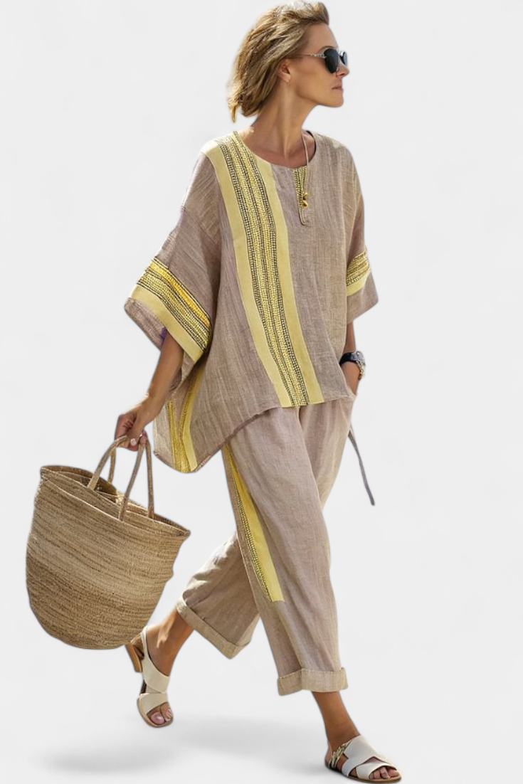 Rachel | Women's Bamboo Linen Two Piece Set | Elegant Oversized Loungewear with Striped Pants view 6