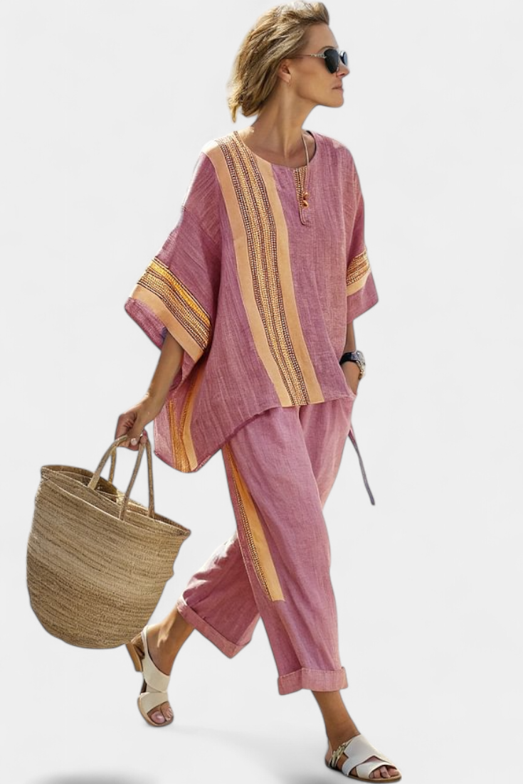 Rachel | Women's Bamboo Linen Two Piece Set | Elegant Oversized Loungewear with Striped Pants view 7
