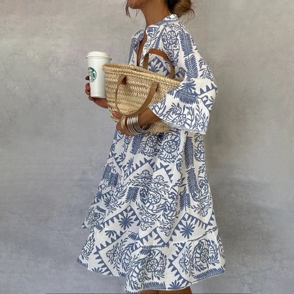 Frances | Blue-White Boho Print Swing Dress