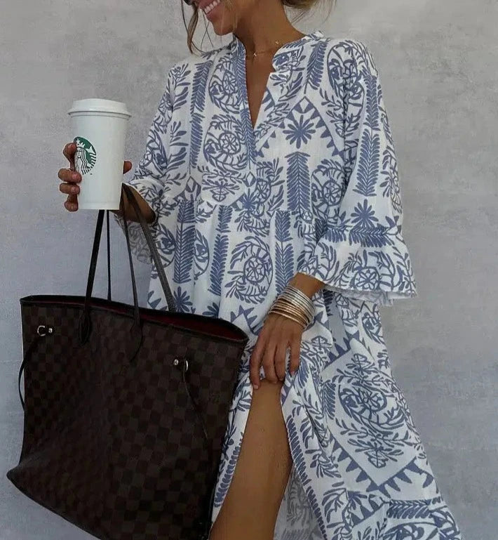 Frances | Blue-White Boho Print Swing Dress view 2