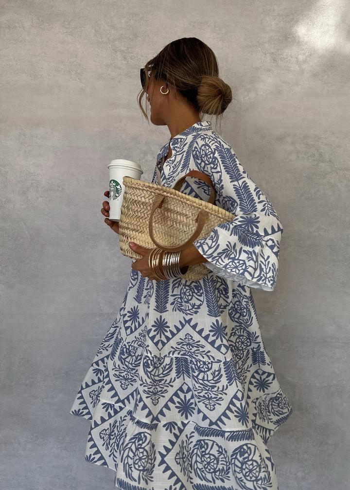 Frances | Blue-White Boho Print Swing Dress view 3