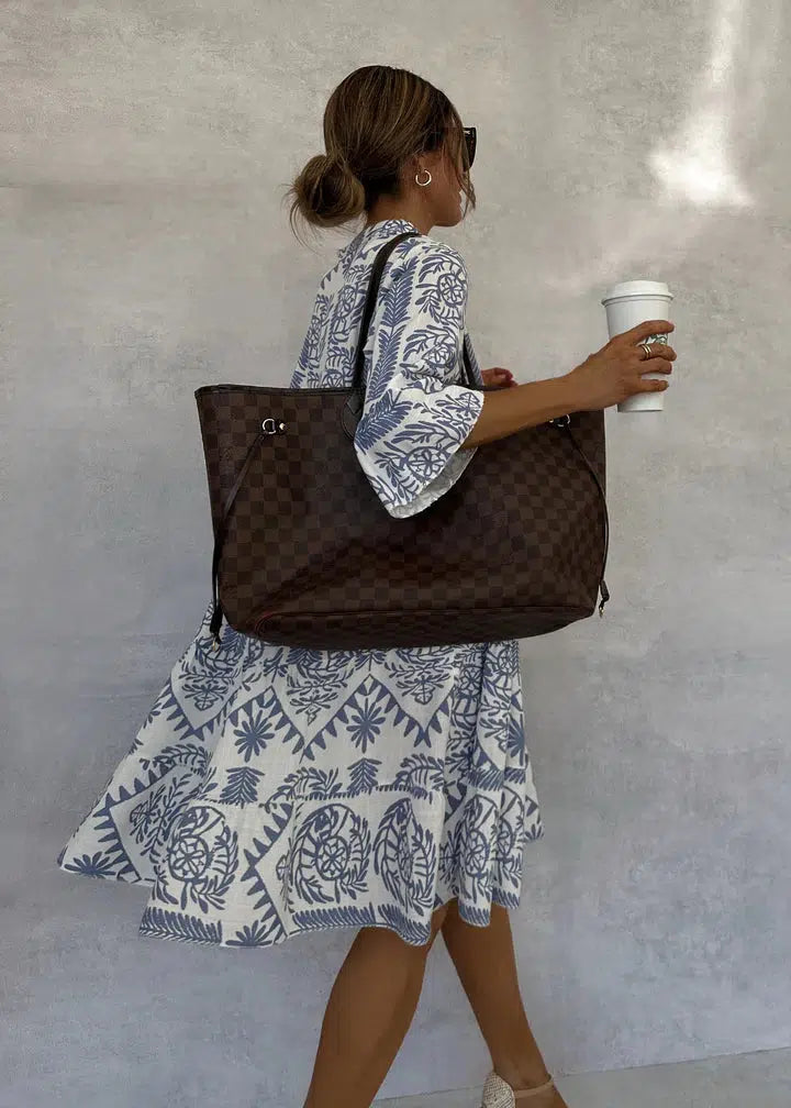 Frances | Blue-White Boho Print Swing Dress view 4