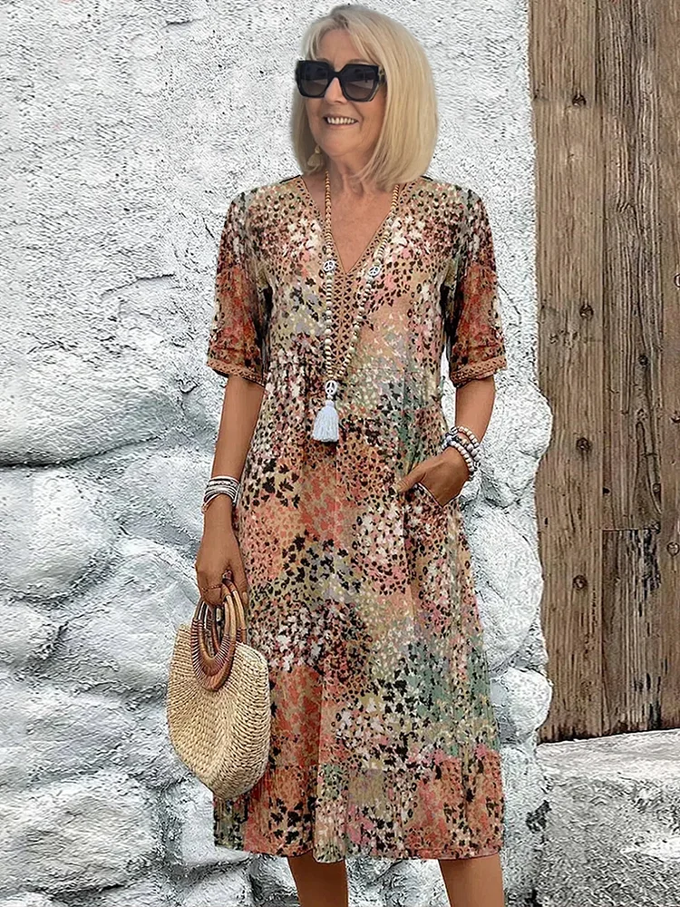 Elizabeth | Women's Colorful Midi Dress | Elegant Flowy Summer Dress with Pockets view 5