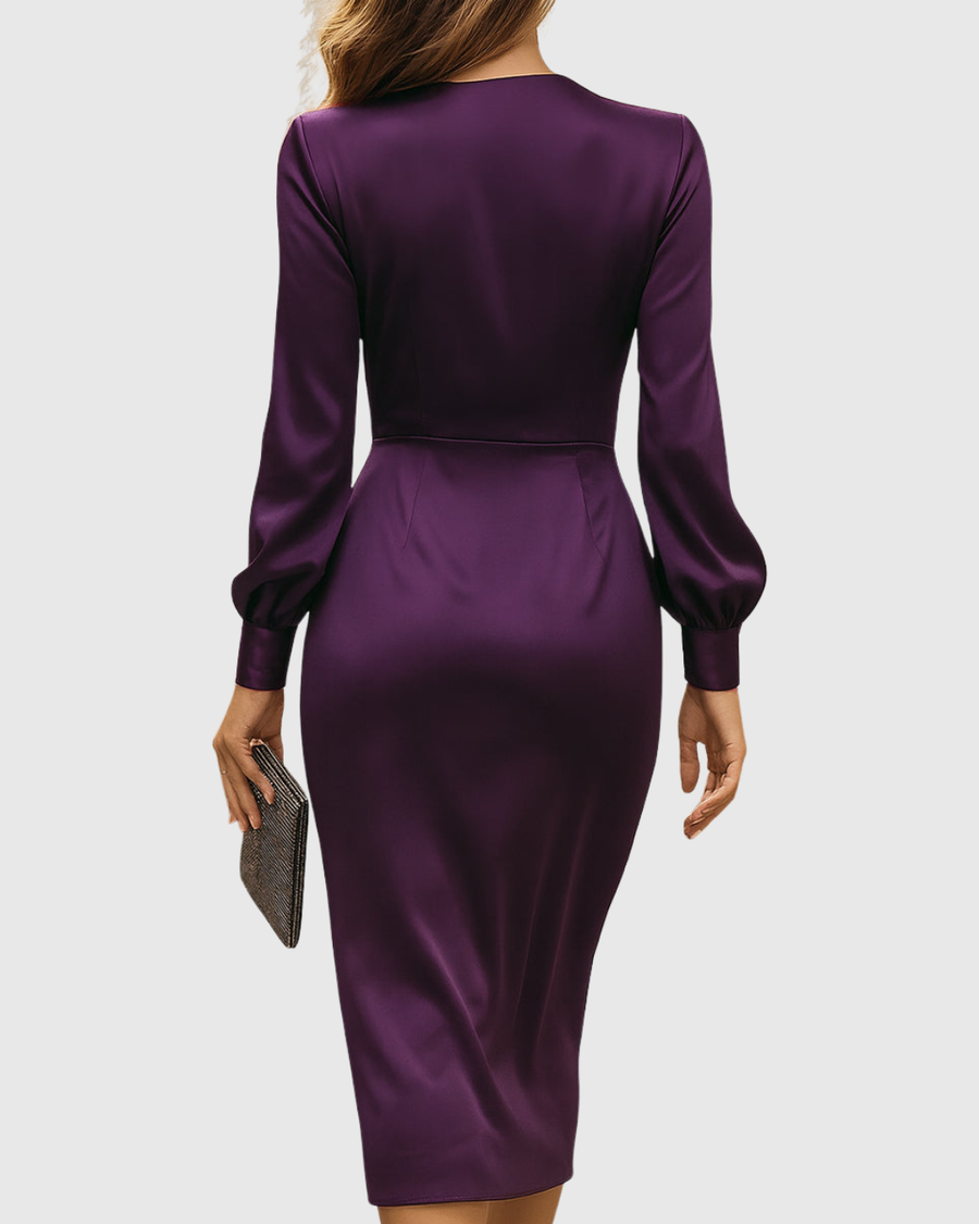 Vespera | Deep Plum Satin Wrap Dress view 4