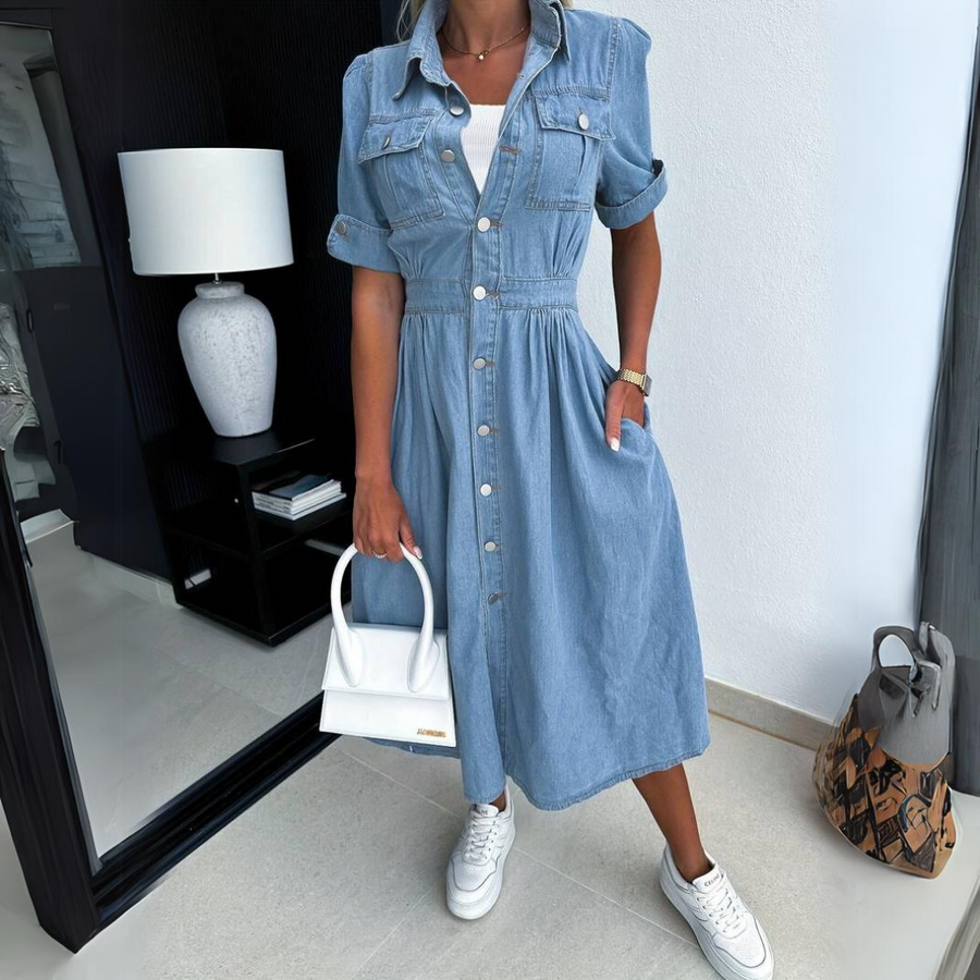 Elizabeth | Women's Denim Midi Dress view 2