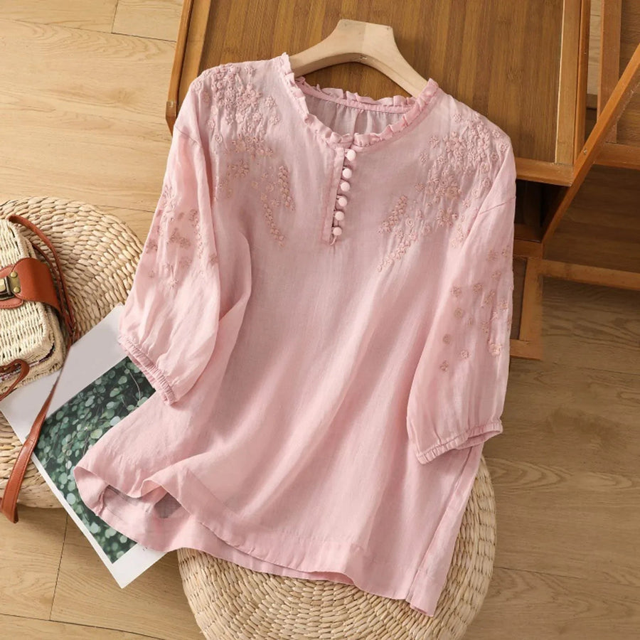 June |  Elegant Floral Button-Front Blouse view 3