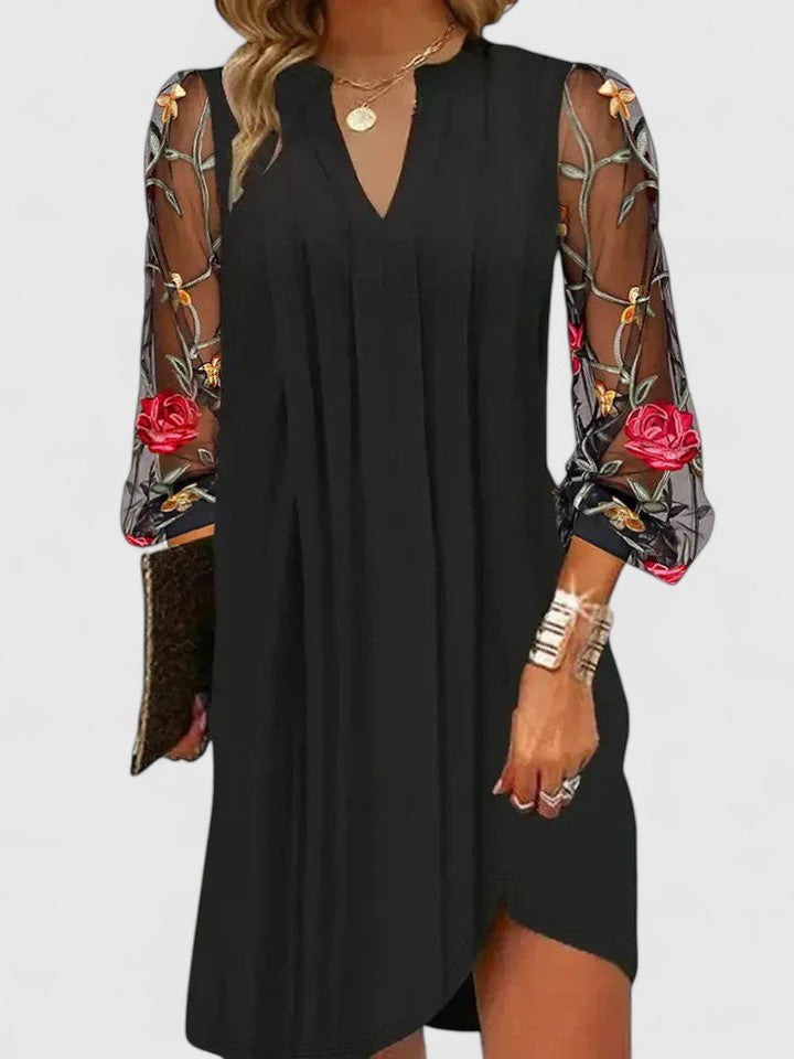 Vivienne | Women's Elegant Sheer Sleeve Mini Dress | Chic V-Neck Cocktail Dress view 2
