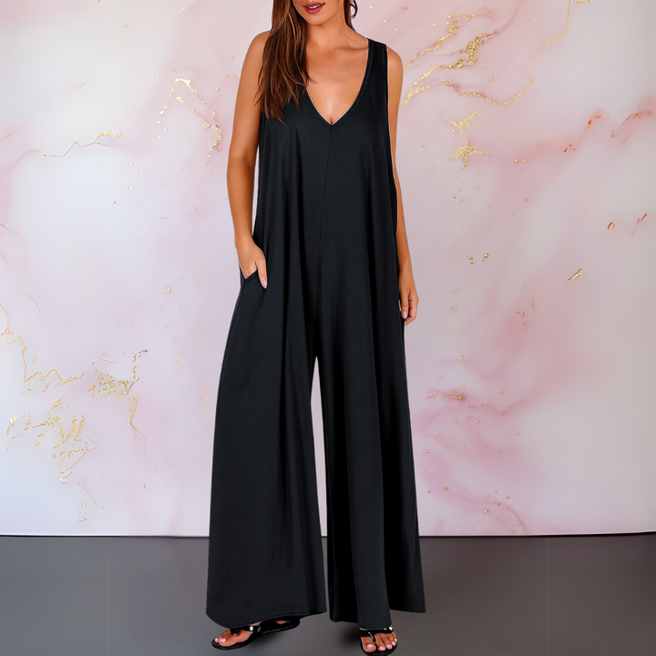Women's Elegant Solid Black Jumpsuit | Sleeveless Wide Leg Design with Pockets 0