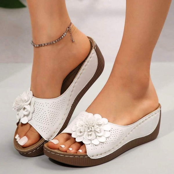 Rachel | Women's Floral Appliqué Wedge Sandals | Comfortable Slip-On Open Toe Slides