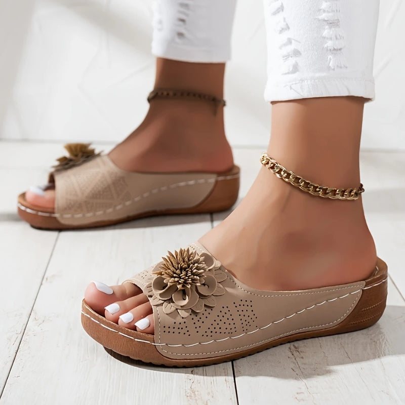 Rachel | Women's Floral Appliqué Wedge Sandals | Comfortable Slip-On Open Toe Slides view 2
