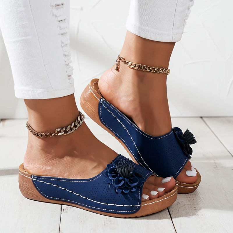 Rachel | Women's Floral Appliqué Wedge Sandals | Comfortable Slip-On Open Toe Slides view 4