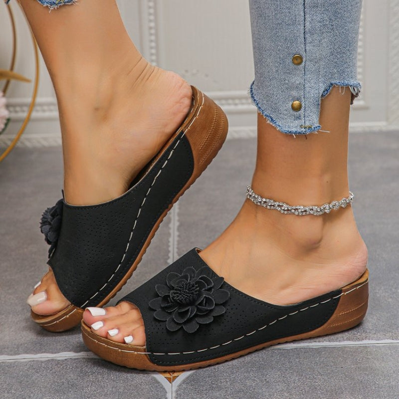 Rachel | Women's Floral Appliqué Wedge Sandals | Comfortable Slip-On Open Toe Slides view 5