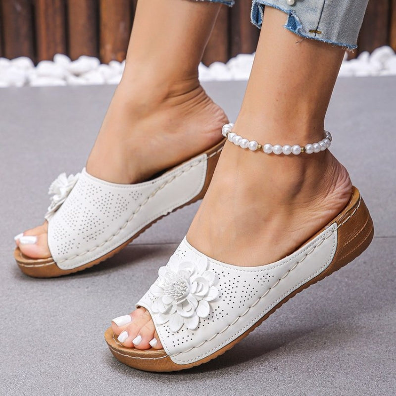 Rachel | Women's Floral Appliqué Wedge Sandals | Comfortable Slip-On Open Toe Slides view 6