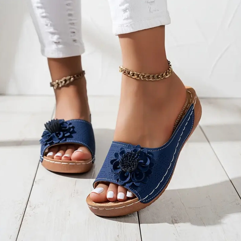 Rachel | Women's Floral Appliqué Wedge Sandals | Comfortable Slip-On Open Toe Slides view 9