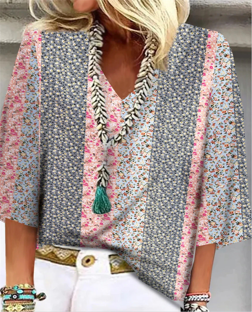 Kaia | Women's Floral Patchwork V-Neck Blouse