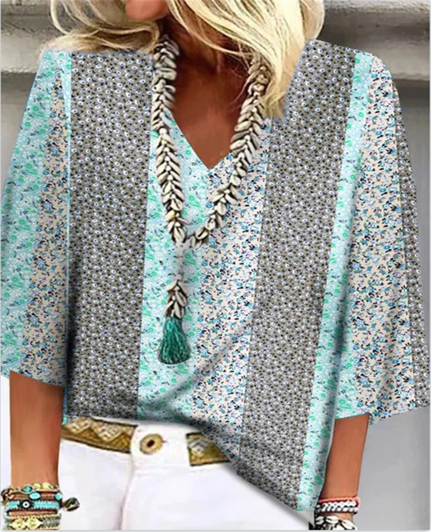 Kaia | Women's Floral Patchwork V-Neck Blouse view 2
