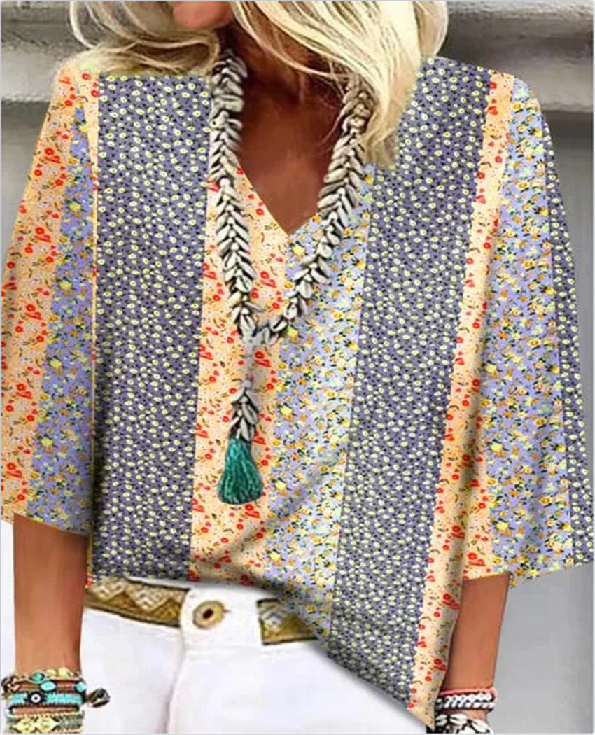 Kaia | Women's Floral Patchwork V-Neck Blouse view 3