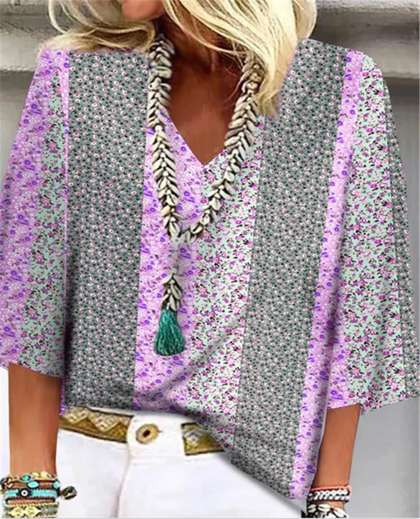 Kaia | Women's Floral Patchwork V-Neck Blouse view 4