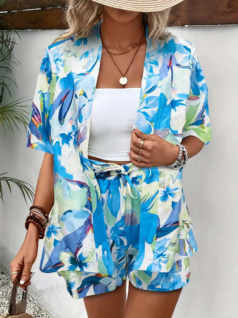 Belinda | Women's Floral Print Kimono Cardigan and Shorts Set view 14