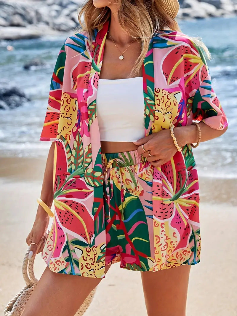 Belinda | Women's Floral Print Kimono Cardigan and Shorts Set view 7