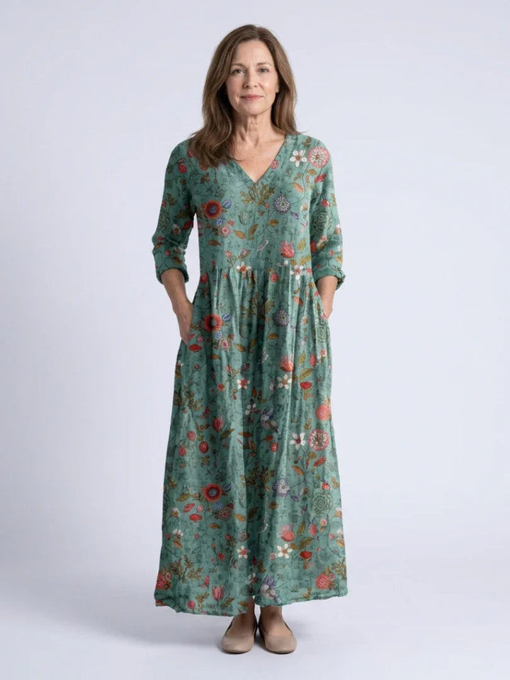 Women's Floral Print Maxi Dress | Elegant V-Neck Three-Quarter Sleeve Summer Dress 0