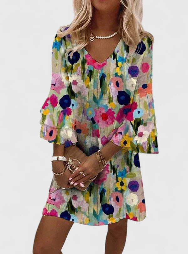 Simbi | Women's Floral Print Mini Dress | Elegant V-Neck Summer Dress | Plus Size Available