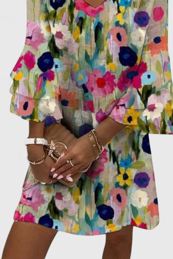 Simbi | Women's Floral Print Mini Dress | Elegant V-Neck Summer Dress | Plus Size Available view 2