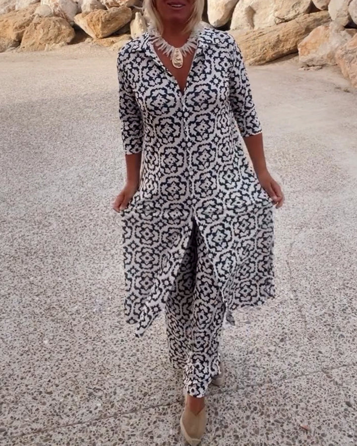 Women's Geometric Print Two-Piece Set | Stylish Blouse and Slim Pants 0