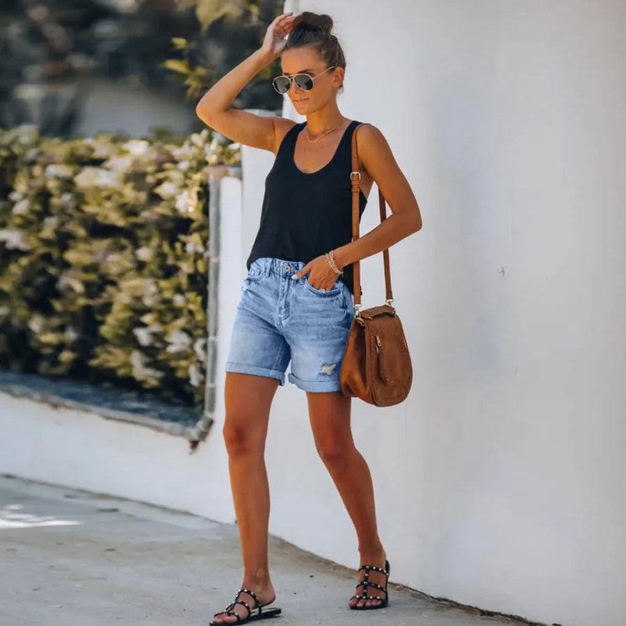 Leah | Women's Light Wash High-Waist Denim Shorts view 2
