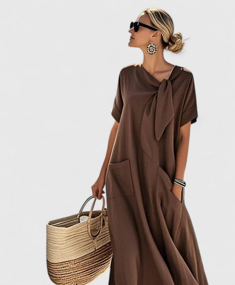 Somi | Women's Lightweight Cotton Maxi Dress | Elegant Summer Dress with Chic Neck Tie view 2