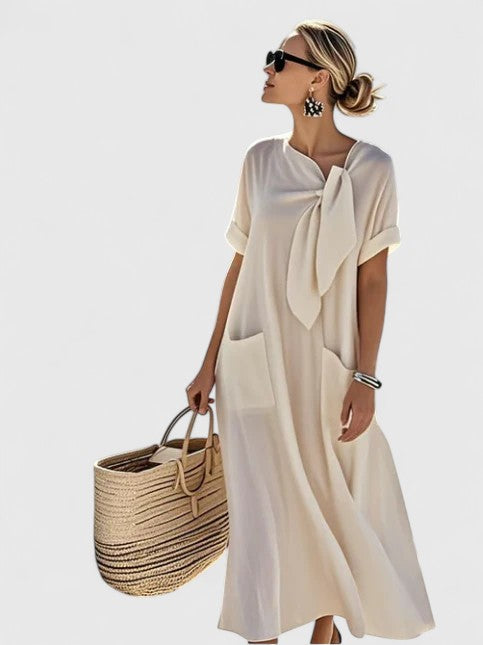 Somi | Women's Lightweight Cotton Maxi Dress | Elegant Summer Dress with Chic Neck Tie view 3