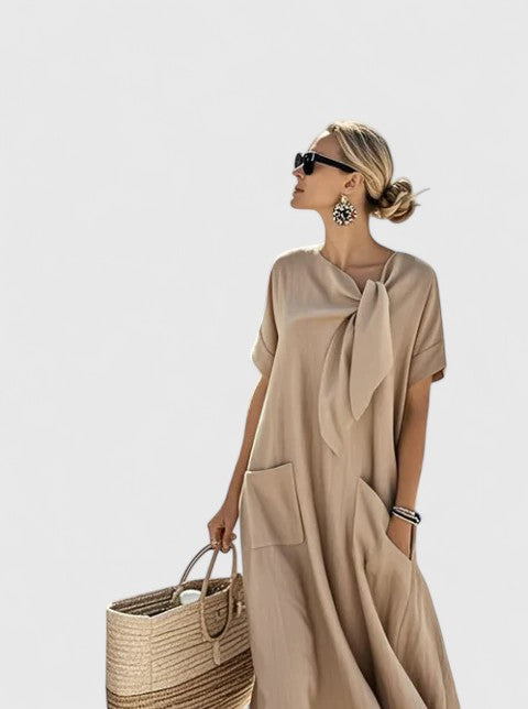 Somi | Women's Lightweight Cotton Maxi Dress | Elegant Summer Dress with Chic Neck Tie view 4