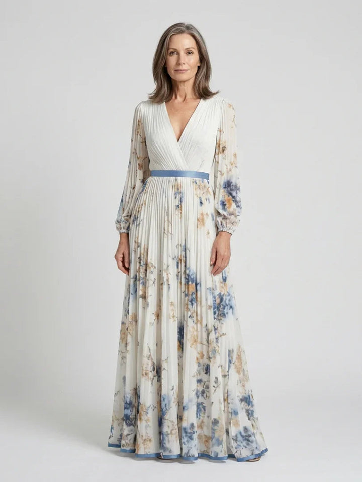 Women's Lightweight Floral Maxi Dress | Elegant Long Sleeve V-Neck Summer Gown 0