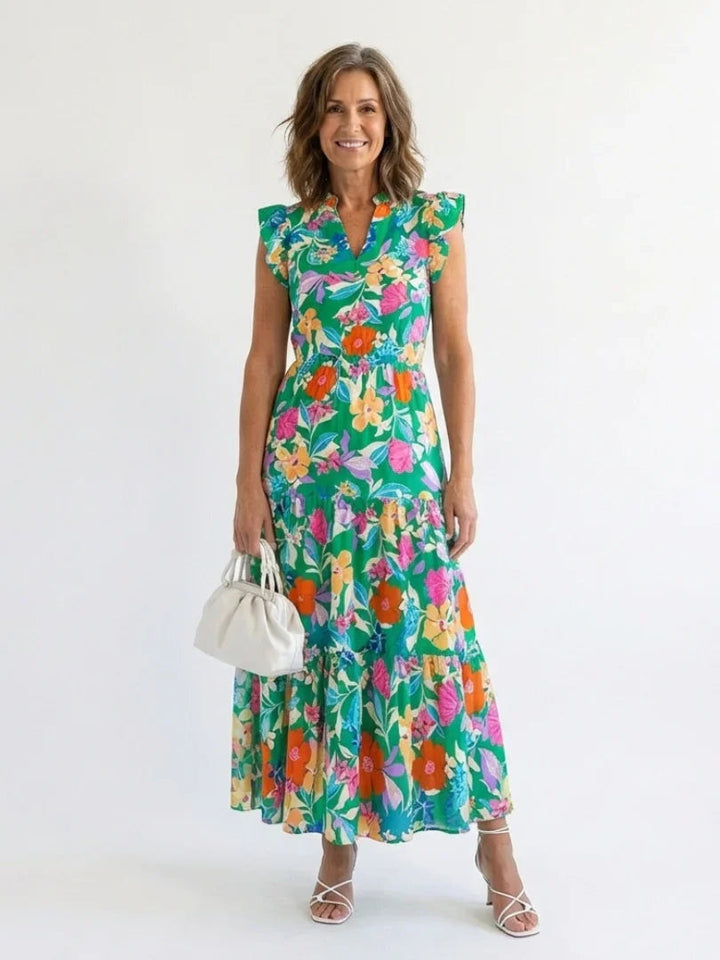 Women's Lightweight Floral Midi Dress | Elegant Tiered Summer Dress with Flutter Sleeves 0