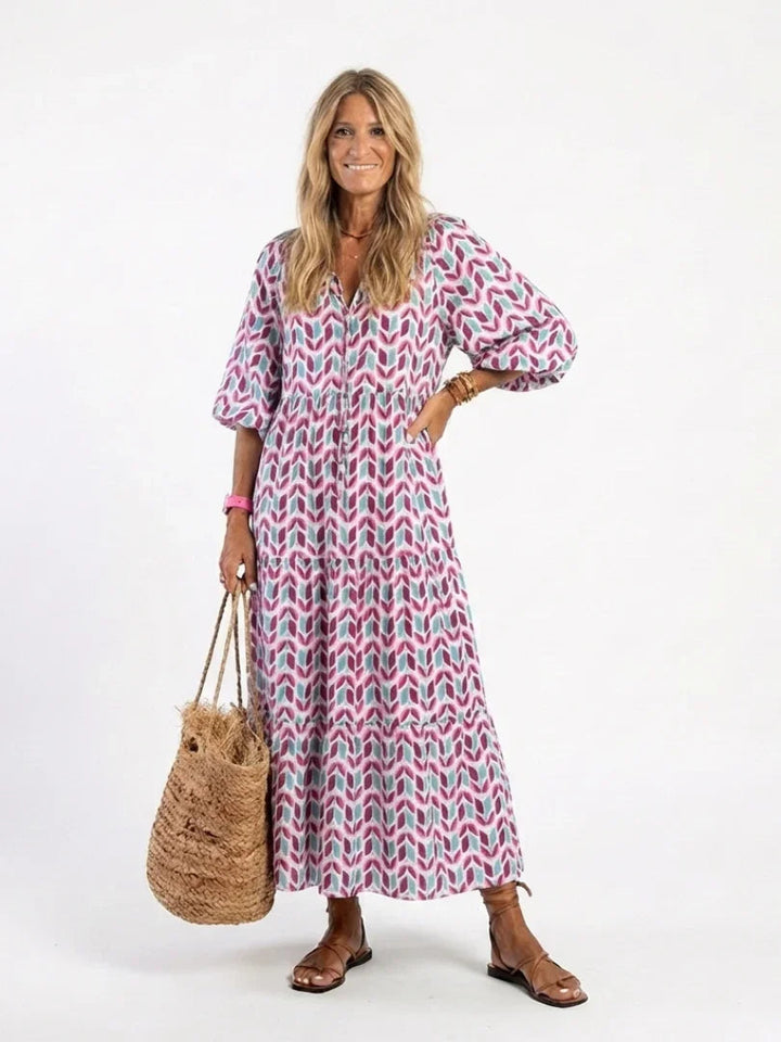Women's Lightweight Geometric Print Midi Dress | Flowing Tiered Long Sleeve Summer Dress 0