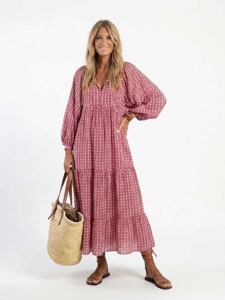 Women's Lightweight Geometric Print Midi Dress | Relaxed Fit Long Sleeve Summer Dress 0