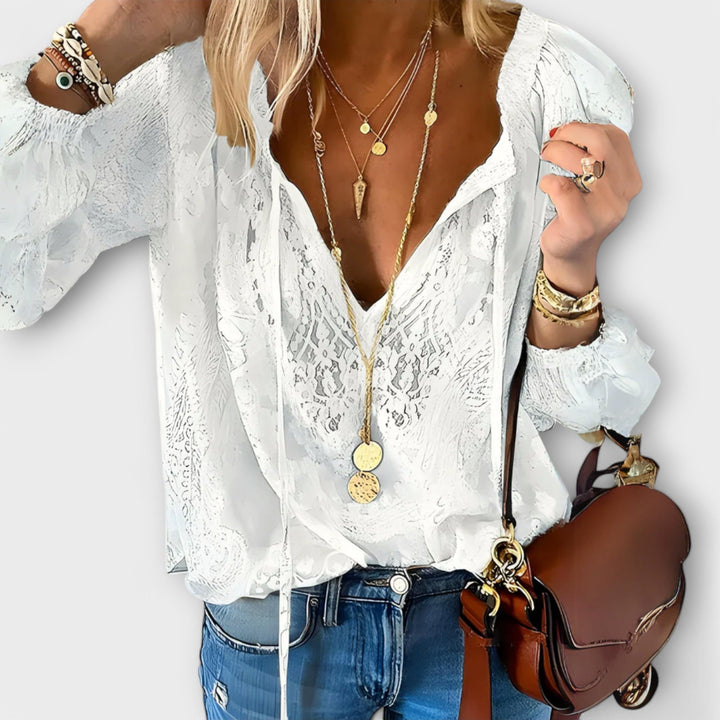 Women's Lightweight Lace Blouse | Elegant Bohemian Tie-Neck Top 0