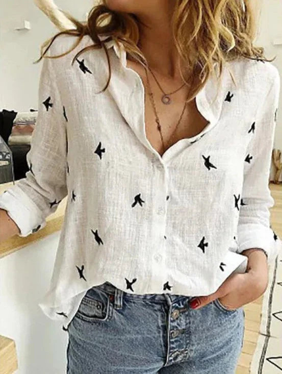 Eleanor | Women's Lightweight Linen Bird Print Blouse view 11