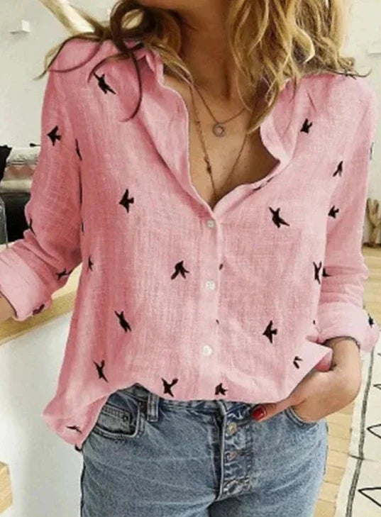 Eleanor | Women's Lightweight Linen Bird Print Blouse view 12